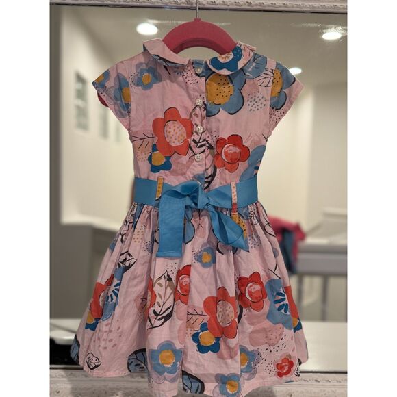 M&S Girl’s Pink Floral Print Peter Pan Collar Belted Spring Dress Size 2/3 - Picture 5 of 8